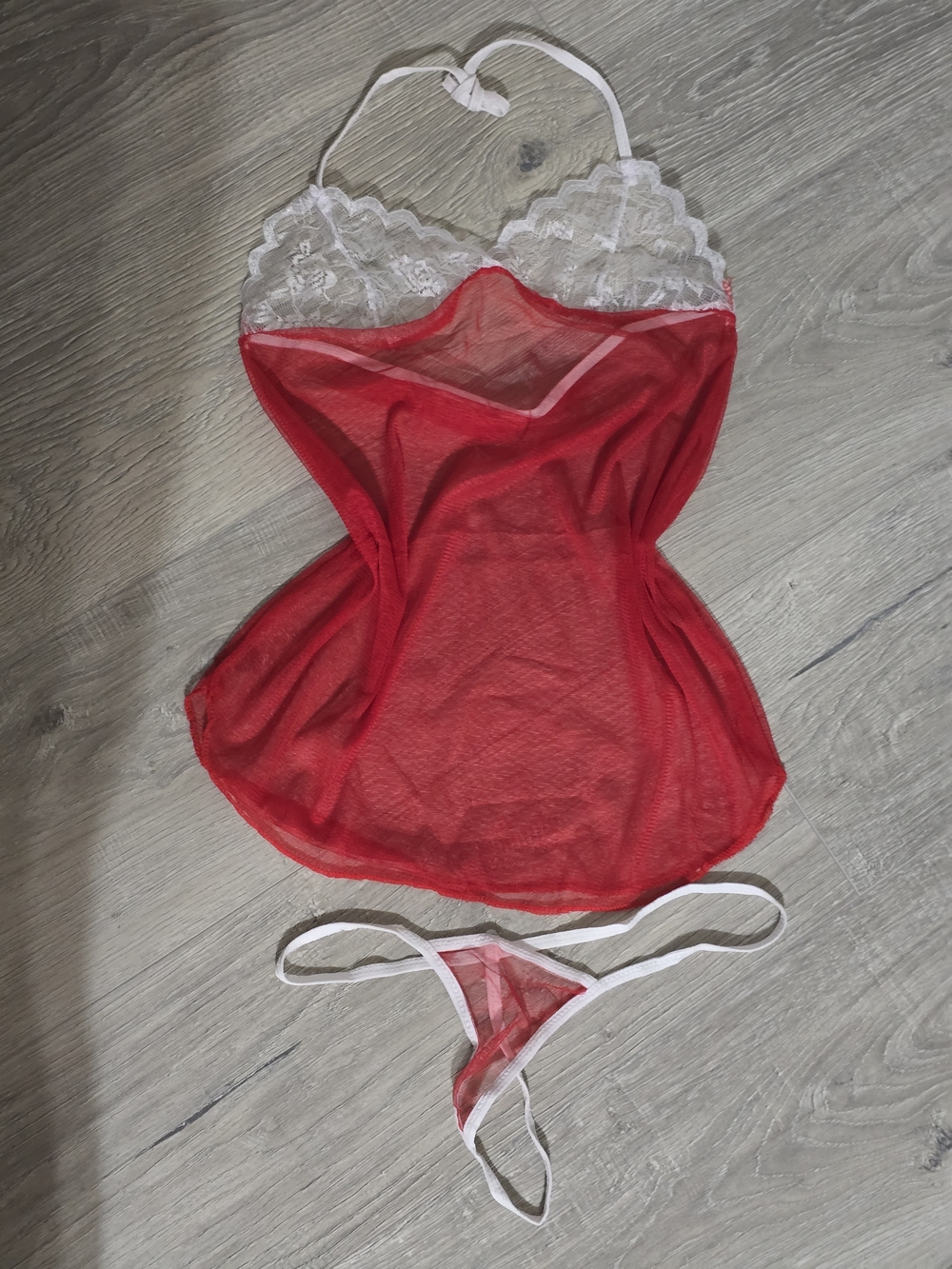 Red Mesh Chemise with White Lace Accents and Matching Thong